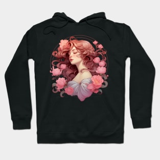 A Bouquet of Peonies - Beautiful Woman, Mucha, Art Nouveau Hoodie